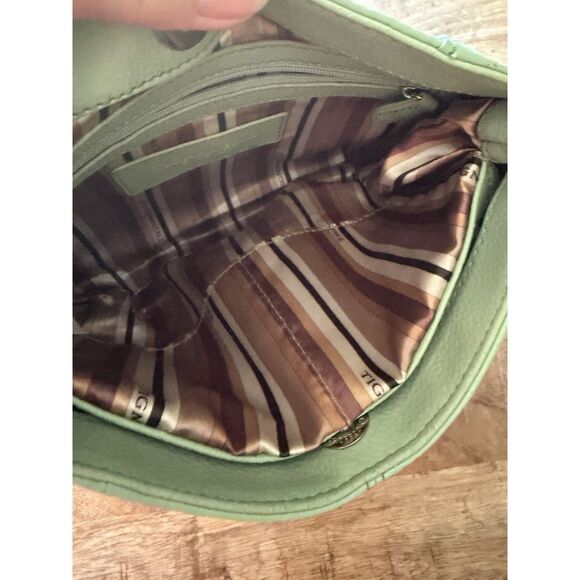 Tignanello Leather Crossbody Bucket Bag Mint Green Laser Cut Adjustable Strap - Picture 3 of 9